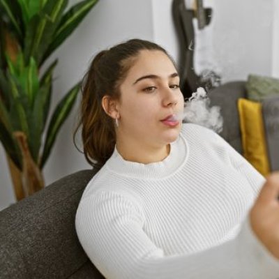 A woman smoking while posing for a phone selfie